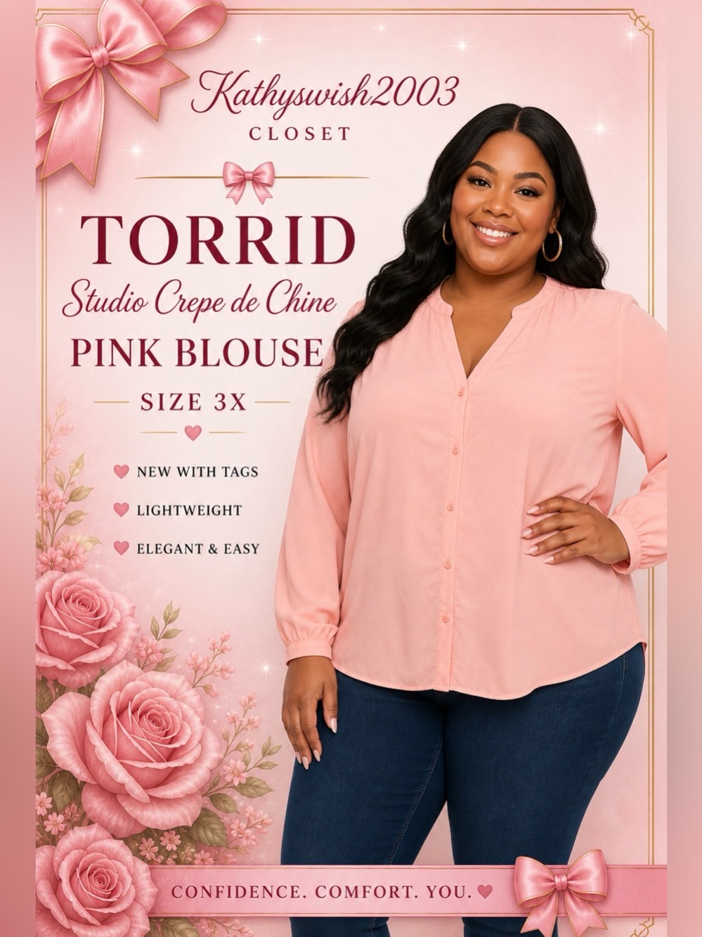 Torrid Studio Crepe De Chine Impatiense Pink Button
Front Long Sleeve Blouse